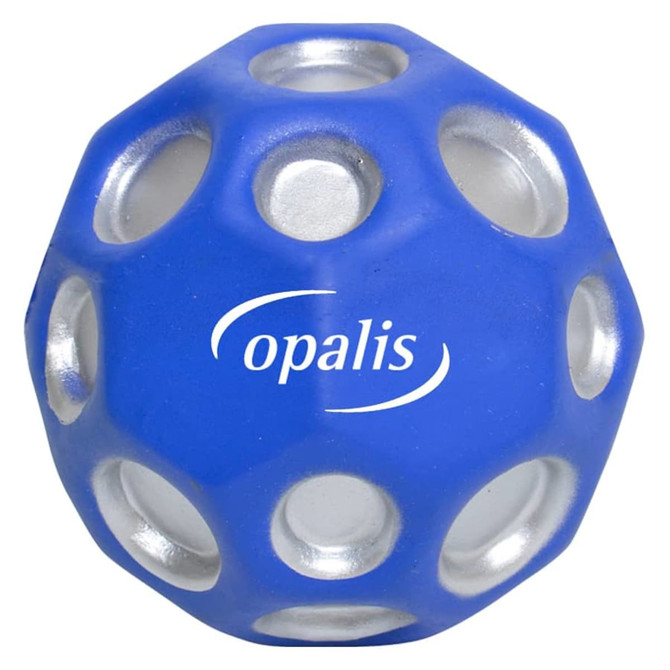 A blue high bounce ball with silver accents and holes, featuring a logo.