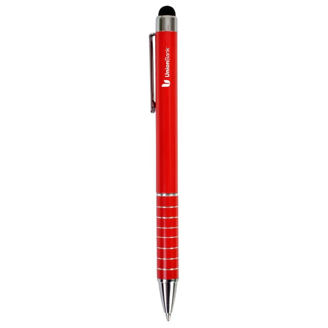 A red stylus pen with a chrome clip and accents, featuring a logo on its barrel.