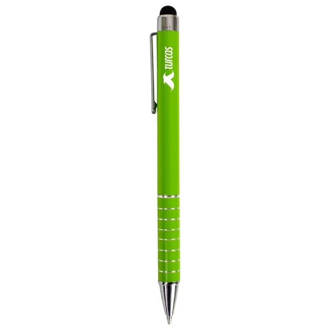A green stylus pen with a sleek design and a logo on the barrel.