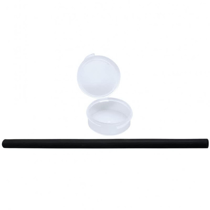A black reusable silicone straw with a white carrying case. The straw is straight and features a smooth finish.