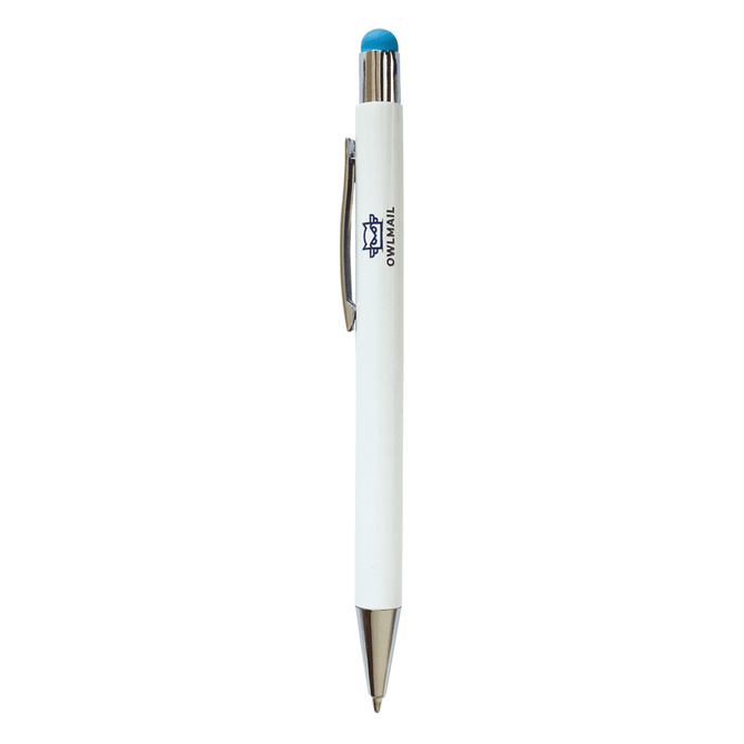 A white stylus pen with a blue tip and a silver clip, featuring a branding logo.