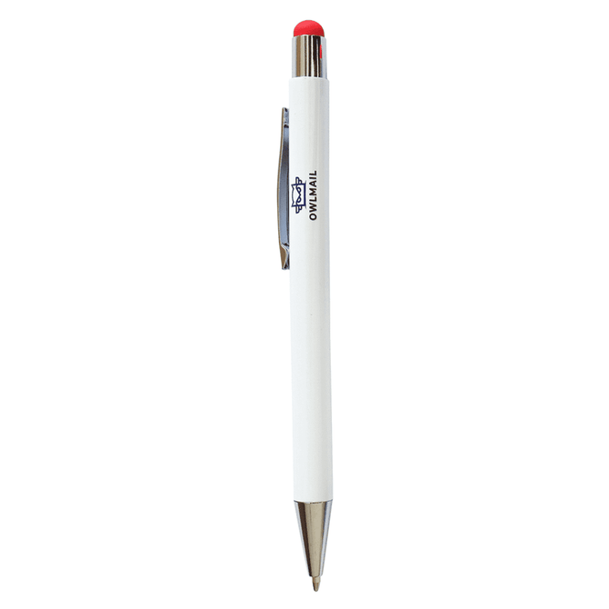 A stylus pen featuring a white body with a red tip and chrome accents, also has a logo on the surface.