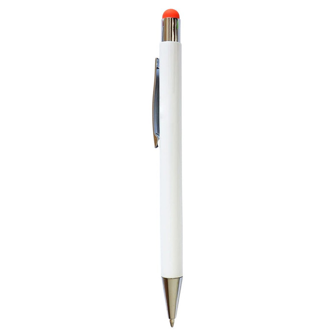 A white pen with a silver clip and an orange stylus tip, featuring a small logo.
