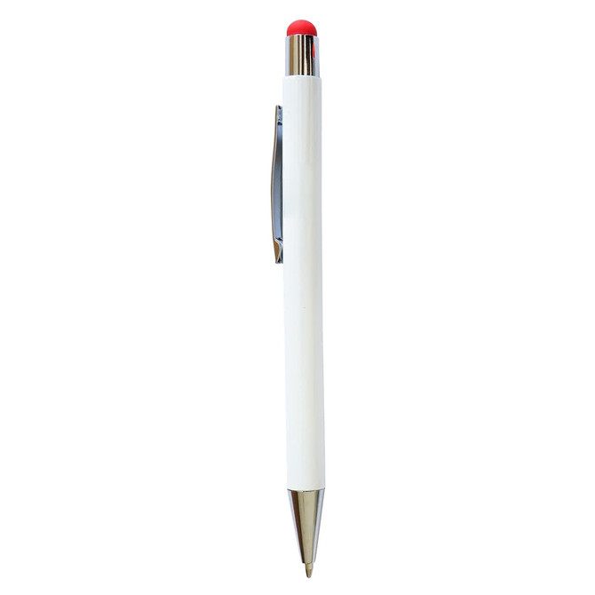 A stylus pen in white with a red top and silver accents, featuring a clip and a logo.