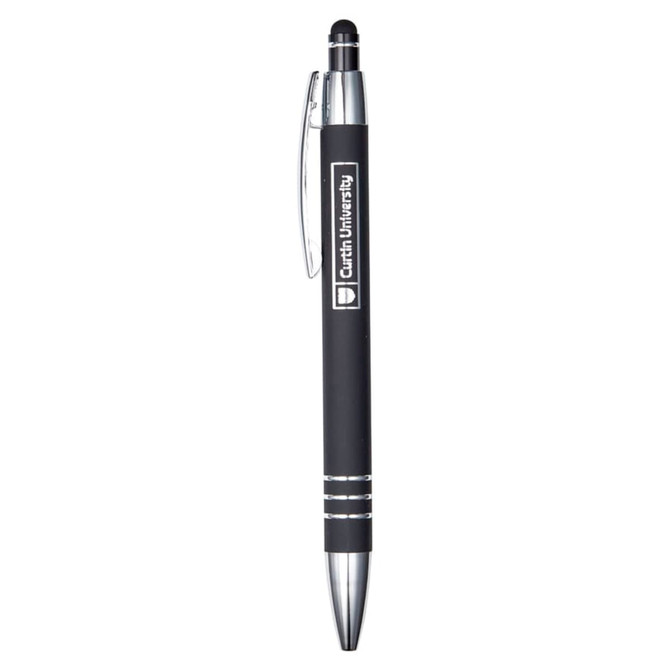 A metal pen in black with silver accents and a branded logo. Features a stylus tip on the end.