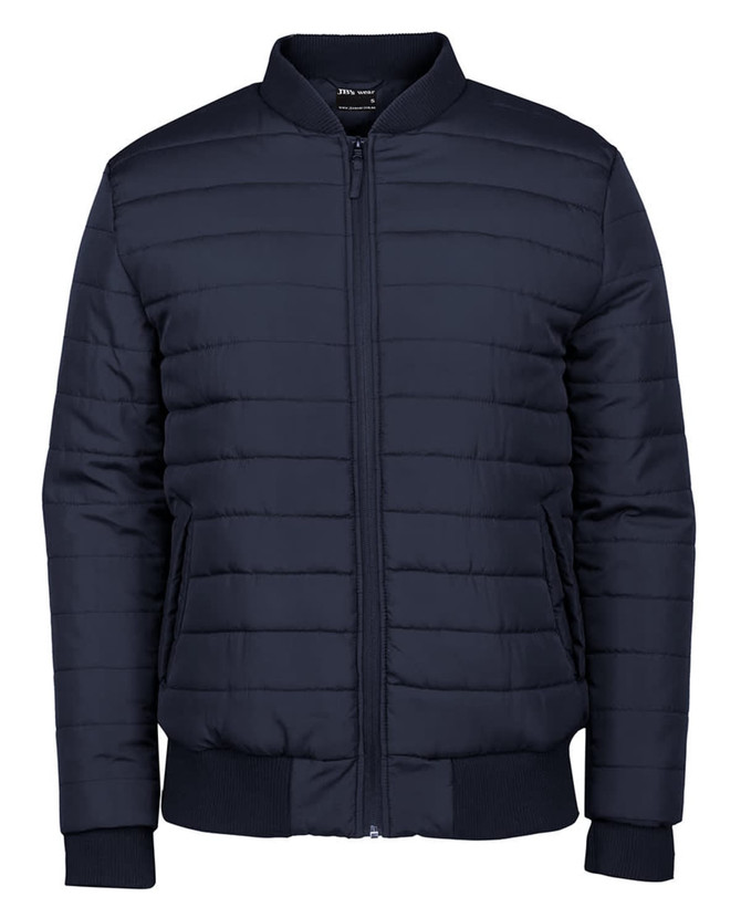 A black puffer bomber jacket with a zip front, ribbed cuffs, and a textured pattern. It has a logo on the inside.