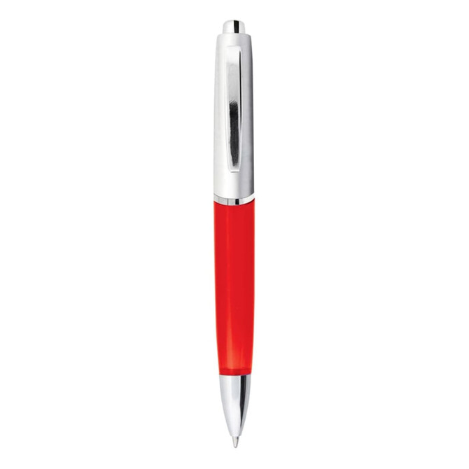 A red metal pen with a silver clip and tip, featuring a logo on the side.