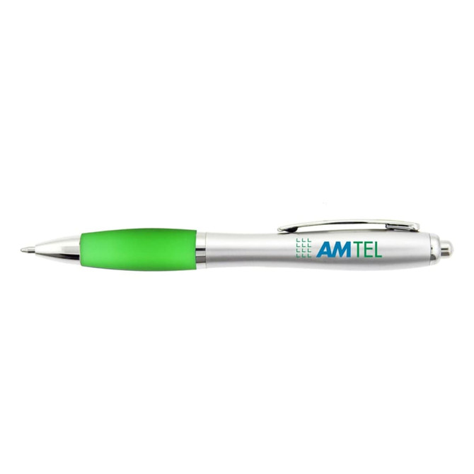 A plastic pen with a silver body and a green grip, featuring a logo on the barrel.