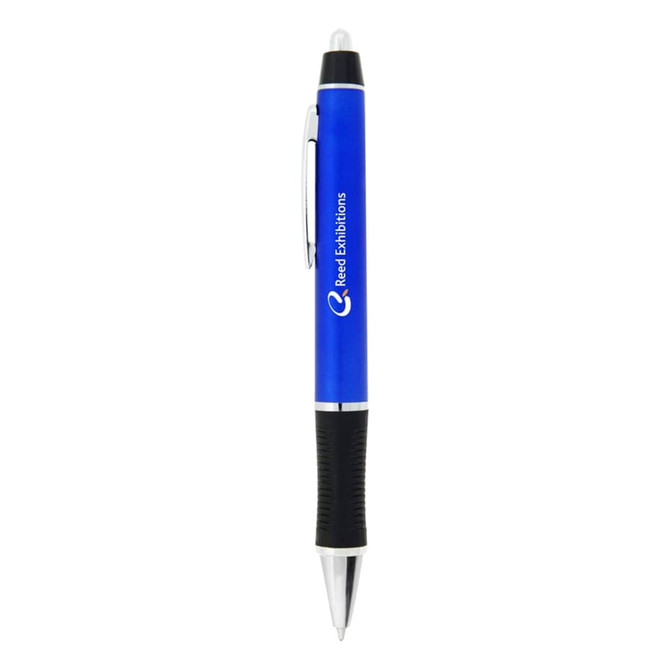A blue plastic pen with a silver clip and grip, featuring a branding logo.