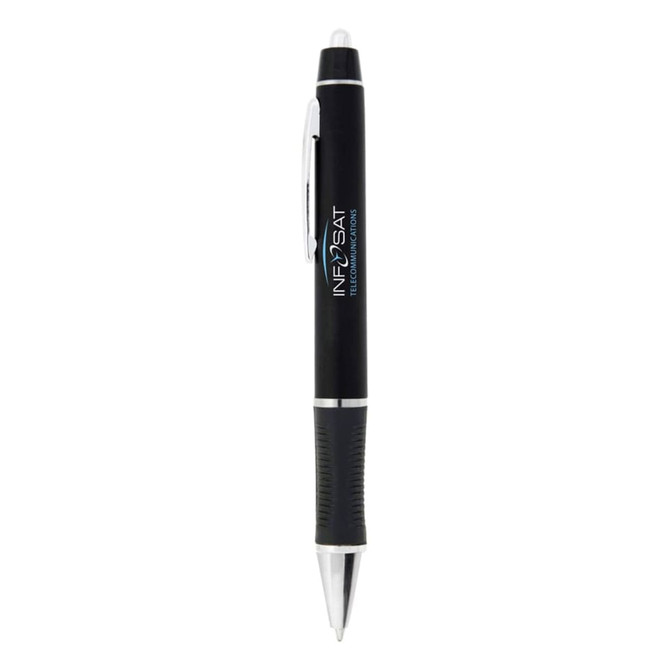 A black plastic pen with a silver tip and a textured grip. The pen features a logo on its body.