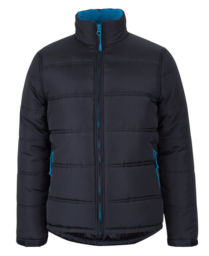 A black puffer jacket with contrasting blue zip and interior, featuring a high collar and side pockets.