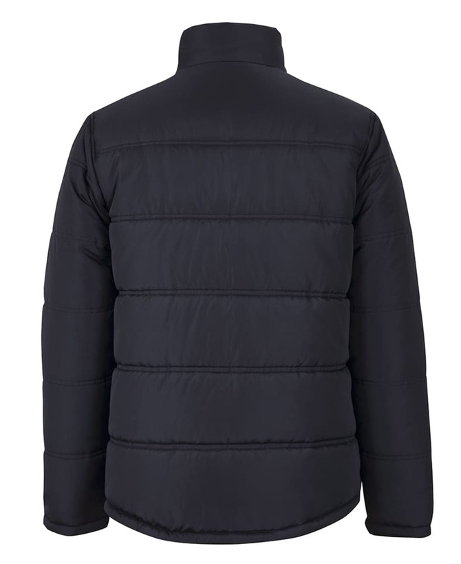 A black puffer jacket featuring a padded design with a high collar and no visible logos on the back.