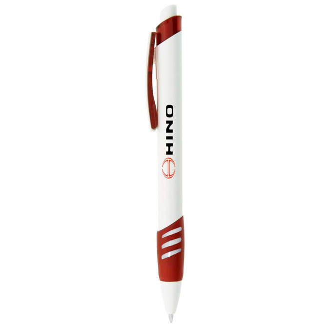 A white and burgundy plastic pen with a logo, featuring a click mechanism and grip detailing.
