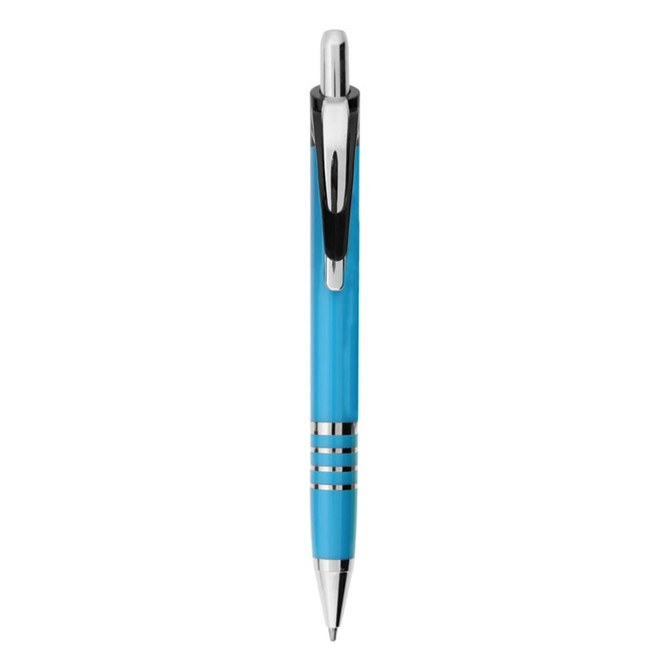 A blue metal pen with a shiny chrome clip and decorative bands. The pen features a sleek design.