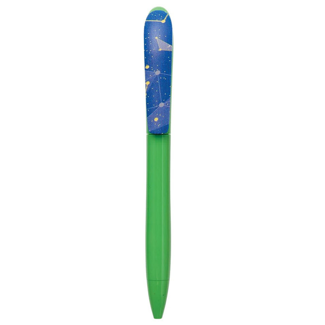 A green plastic pen with a blue starry design on the cap. The pen has a branding logo.