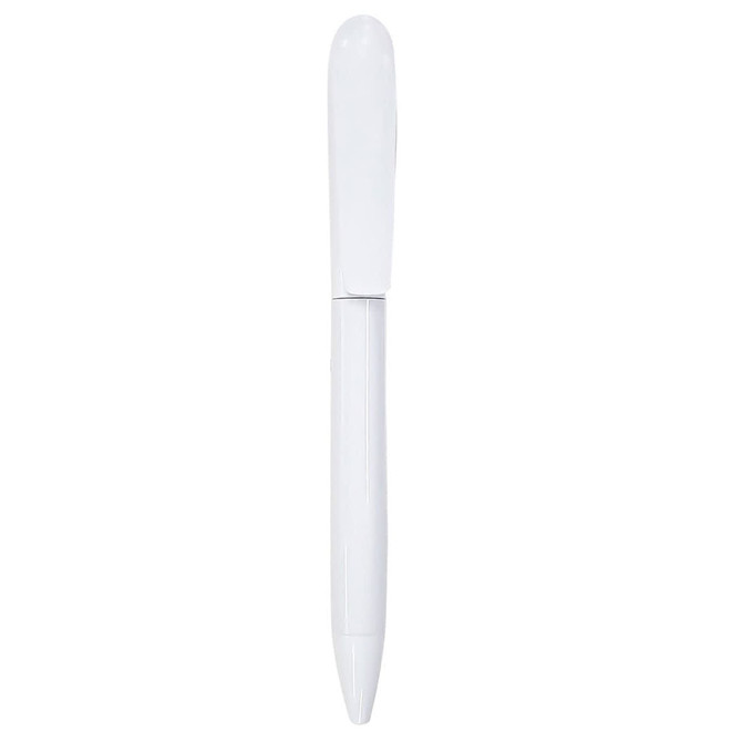 A white plastic pen with a sleek design and a clip, featuring a logo on its body.