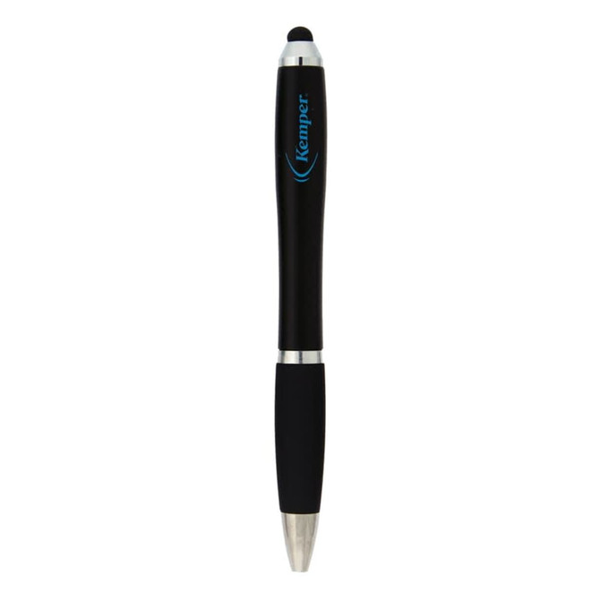 A black stylus pen with a silver tip and a grip section, featuring a logo on the barrel.