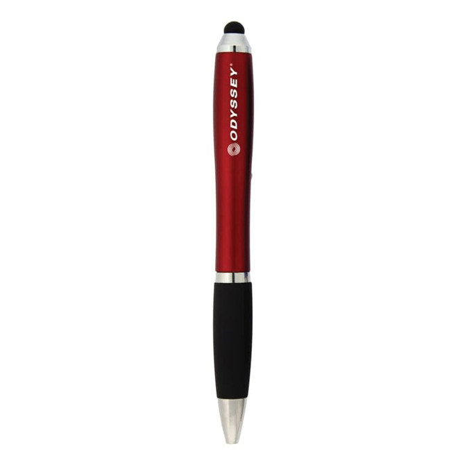 A red stylus pen with a black grip and a silver clip, featuring a logo.