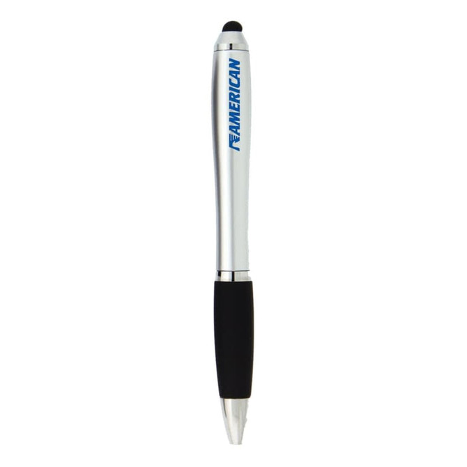 A silver stylus pen with a black rubber grip, featuring a logo on the barrel.