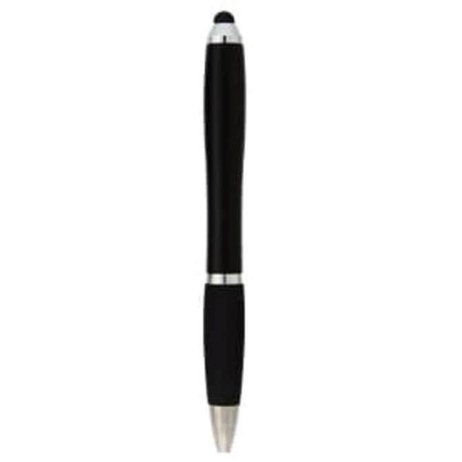 A black stylus pen with silver accents and a rubber grip, featuring a logo on the body.