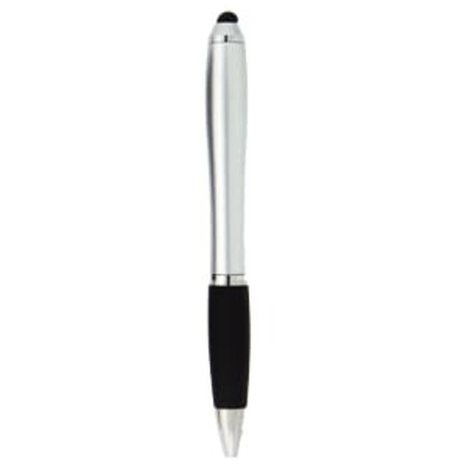 A silver stylus pen with a black grip and a rounded tip, featuring branding on the body.