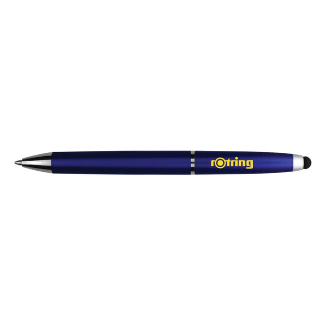 A blue stylus pen with a silver trim and branding.
