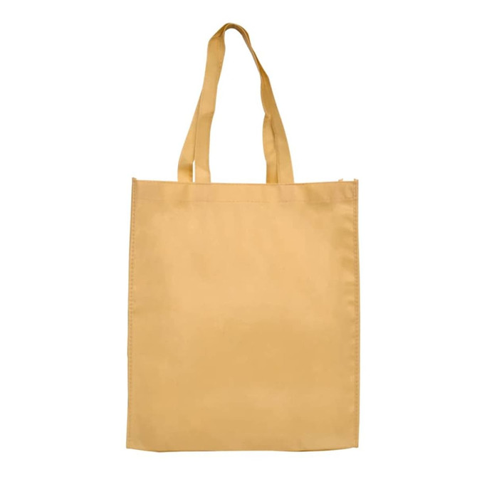 A large yellow shopping tote bag with a gusset and long handles. It features a logo on one side.