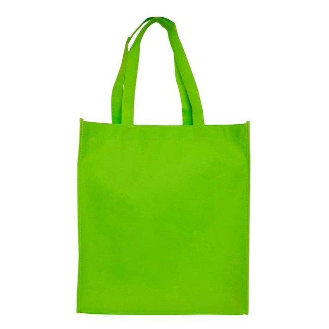A large green shopping tote bag with gusset and two sturdy handles, featuring a branding logo.