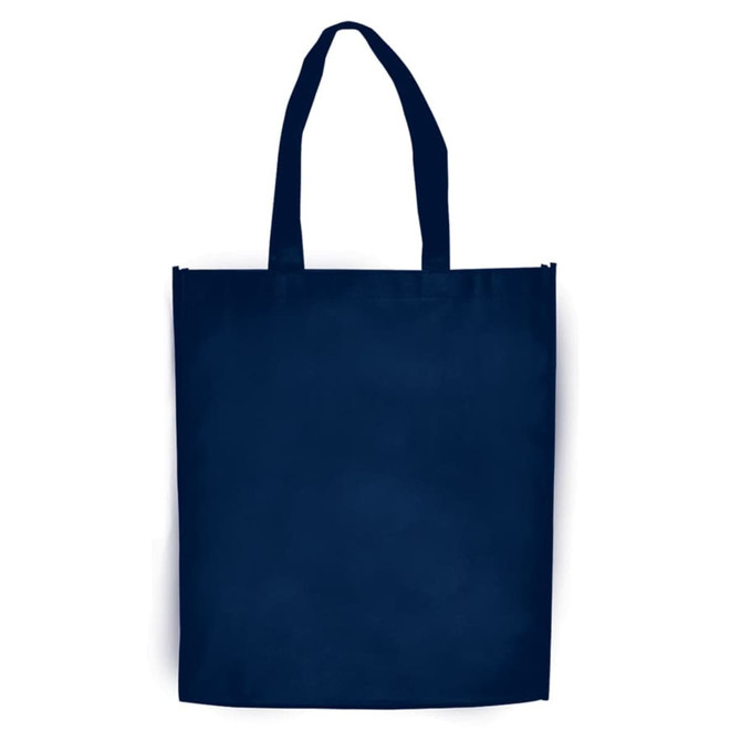 A large navy blue shopping tote bag with gusset and two sturdy handles, featuring a logo.