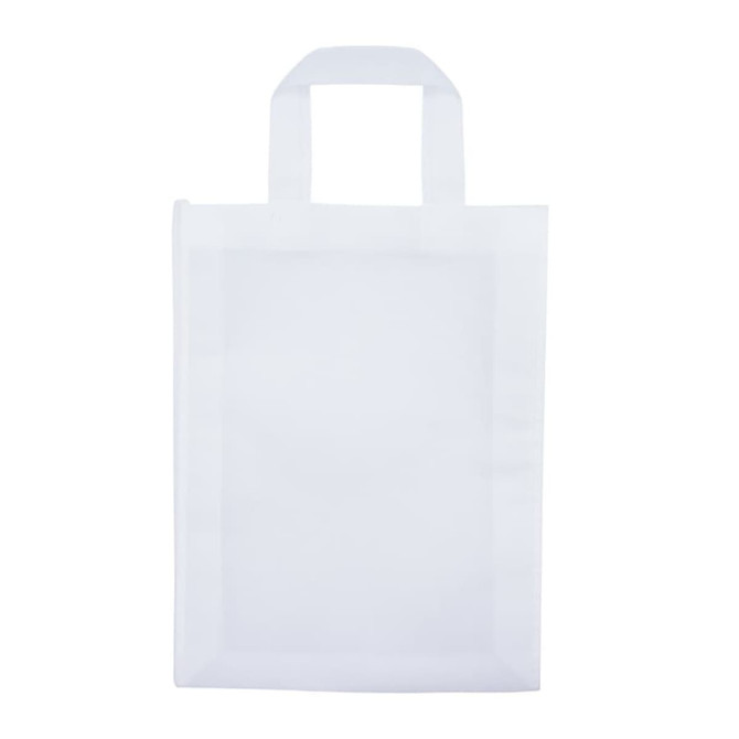 A white reusable bag with two handles and a transparent front panel, featuring a logo or branding.