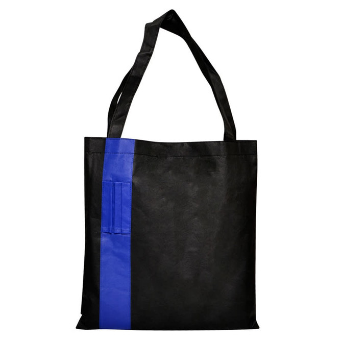 A black tote bag with a blue stripe and a logo. It features two sturdy handles for carrying.