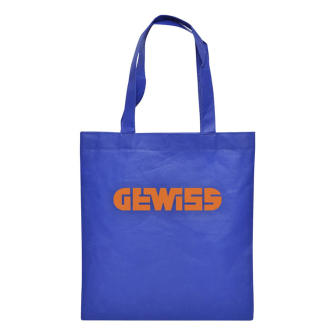 A blue shopping tote bag with shoulder straps and a logo printed on the front.
