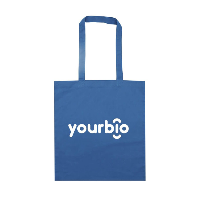 A blue tote bag with two handles and a logo printed on the front.