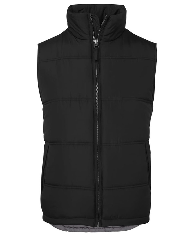 A black puffer vest with a high collar and zip closure, featuring padded sections and an internal lining.