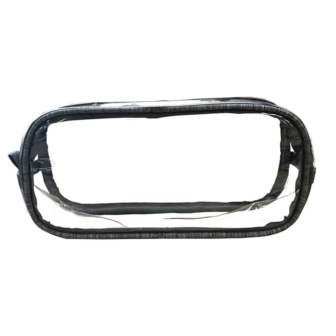 A clear toiletry bag featuring a durable black trim and a transparent design, ideal for travel organisation.
