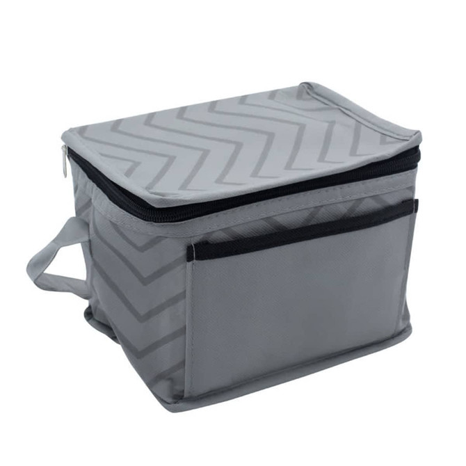 A grey cooler bag with a chevron pattern, featuring a zippered top and a front pocket. It has an attached handle.