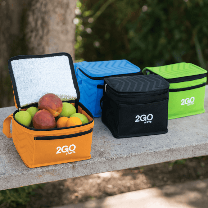 A set of three cooler bags in orange, black, and green, filled with apples and oranges, featuring a logo.