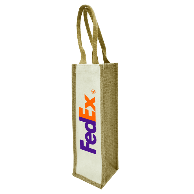 A jute single wine bag in natural brown, featuring a logo on one side and two handles for easy carrying.