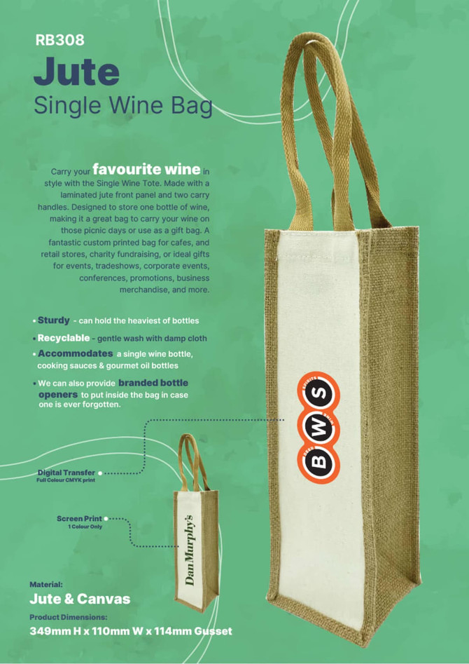 A jute wine bag in natural and cream colours with two handles and branding on the front.