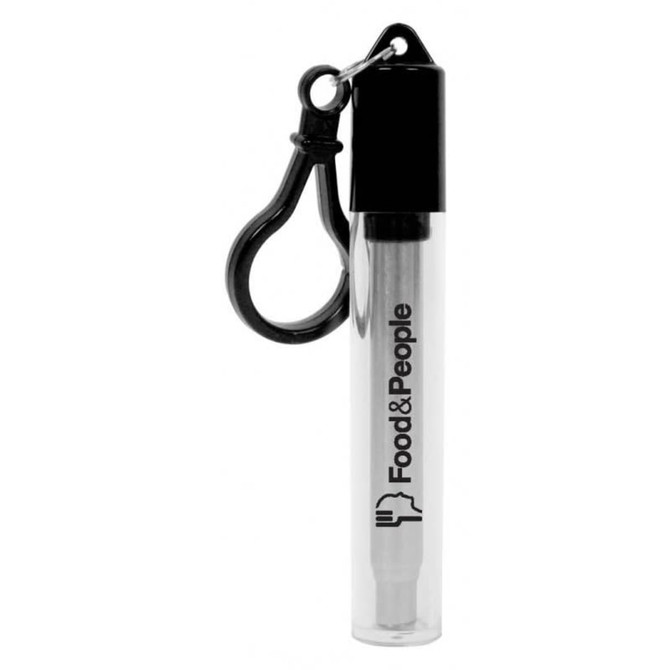 A stainless steel telescopic straw in a clear case with a black cap and a carabiner clip.
