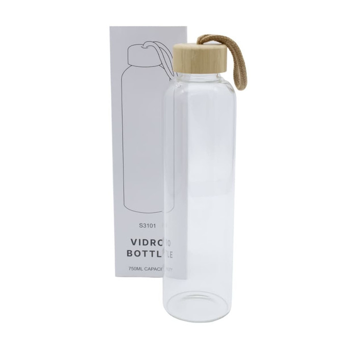A drink bottle with a clear glass body, wooden lid, and a rope loop, showcasing a minimalist design.