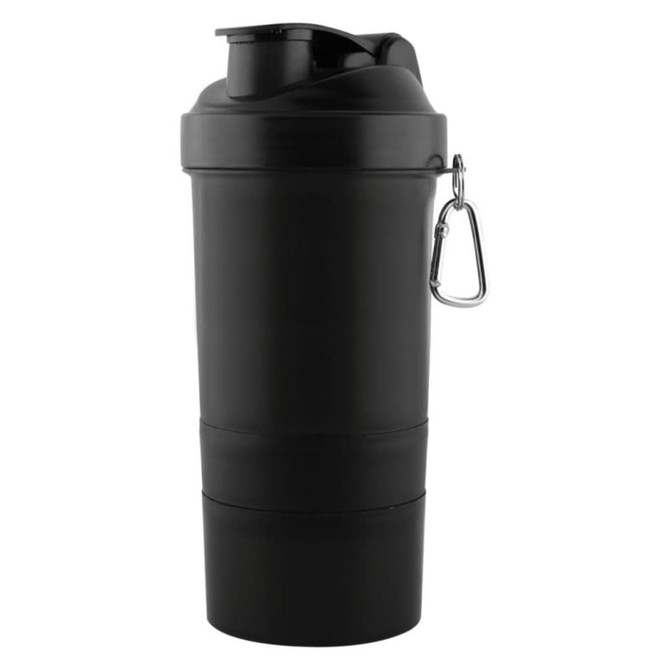 A drink bottle featuring a black 3 in 1 shaker cup design, equipped with a carabiner and a lid.