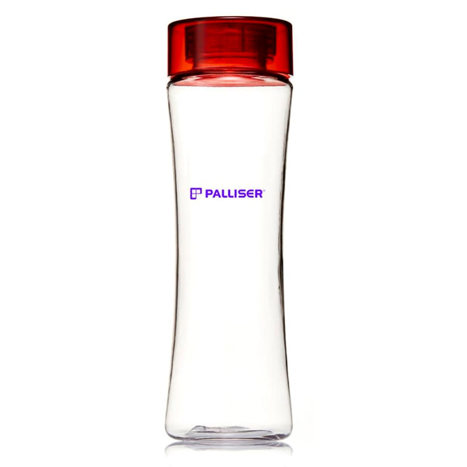A drink bottle in clear plastic with a red lid, featuring a logo on the side.