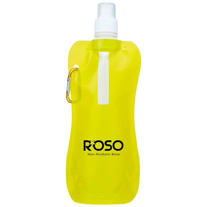 A drink bottle in bright yellow, featuring a spout and a clip attachment, with a branded logo.
