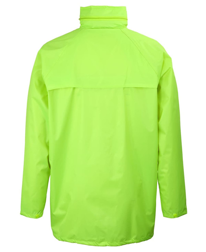 A bright lime green rain jacket featuring a high collar and a back cape design. It has a brand logo.