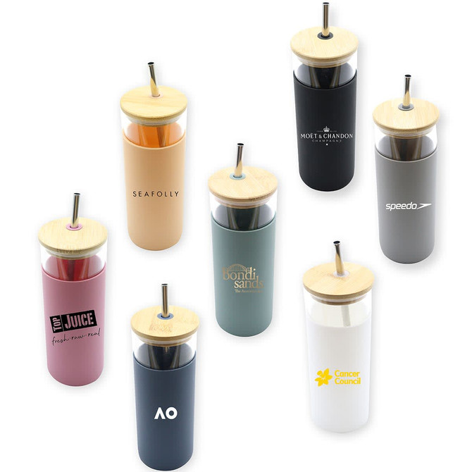 A drink bottle collection featuring various tumblers in colours like pink, beige, navy, grey, and white, each with a bamboo lid and a straw.