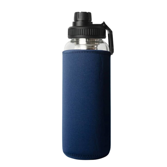 A drink bottle with a navy blue sleeve, a black lid, and a clear glass body, featuring a logo.