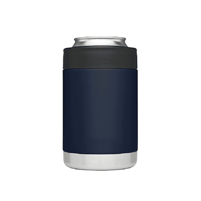 A navy blue stubby cooler made from stainless steel with a grey top. It features a logo on the surface.
