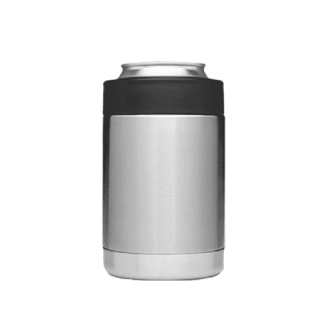 A stainless steel stubby cooler with a black silicone band, featuring a logo. Ideal for keeping drinks cold.
