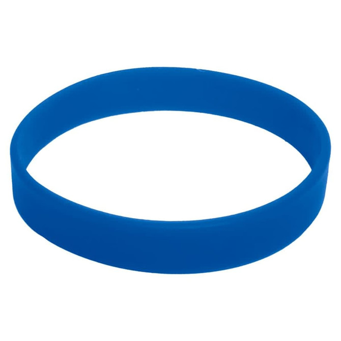A blue silicone wristband with a smooth finish, featuring a branding logo. Suitable for events and exhibitions.